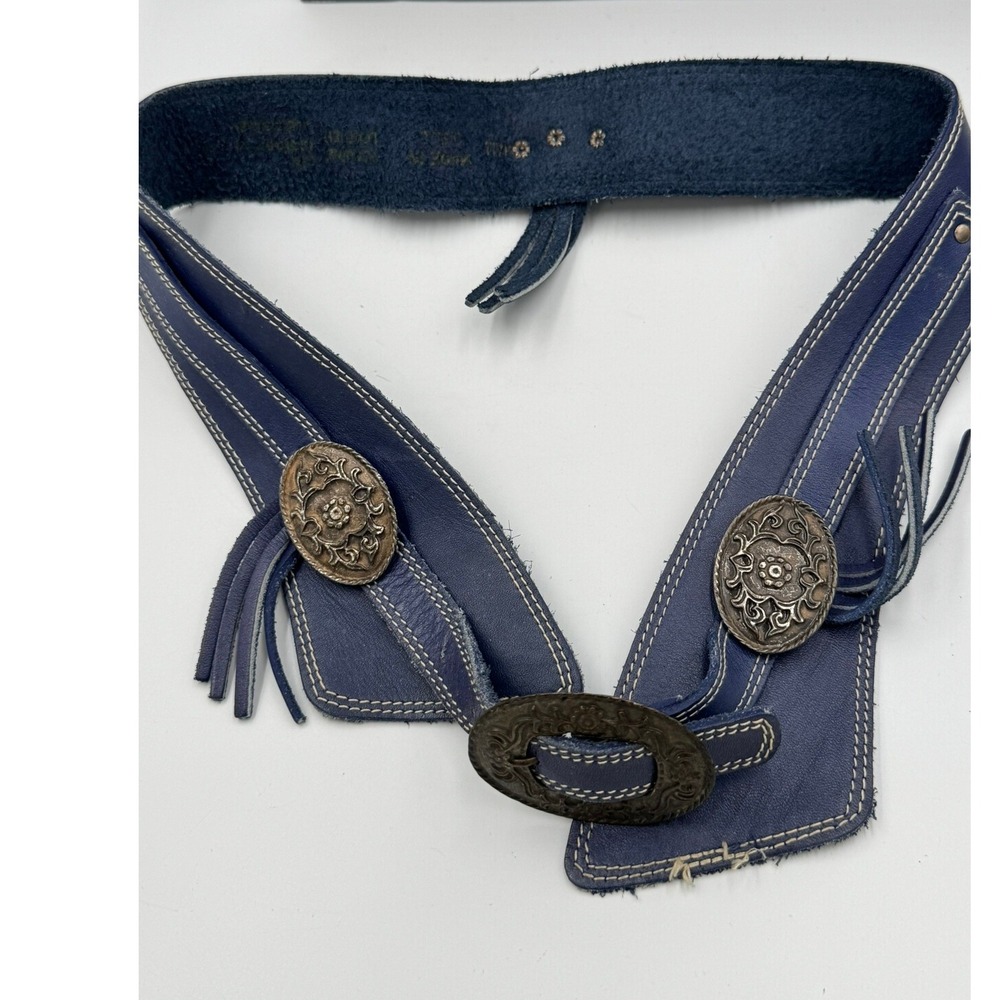 Vintage Blue Leather Wide Contour Concho Fringe Western Belt Antiqued Buckle